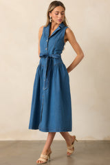 Riverside Sips Blue Denim Button Front Maxi Dress