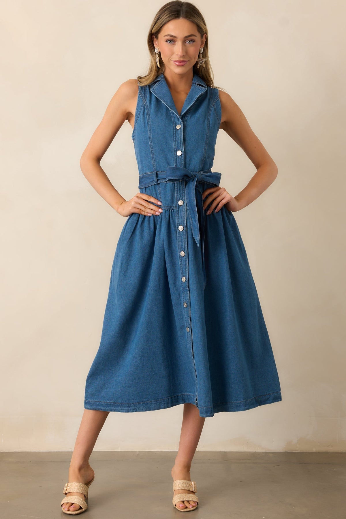 Riverside Sips Blue Denim Button Front Maxi Dress