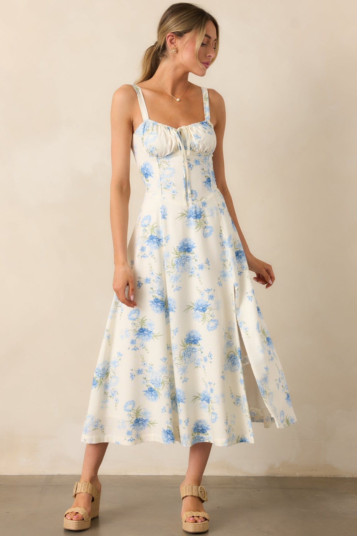 The Josephine Blue Floral Corset Maxi Dress