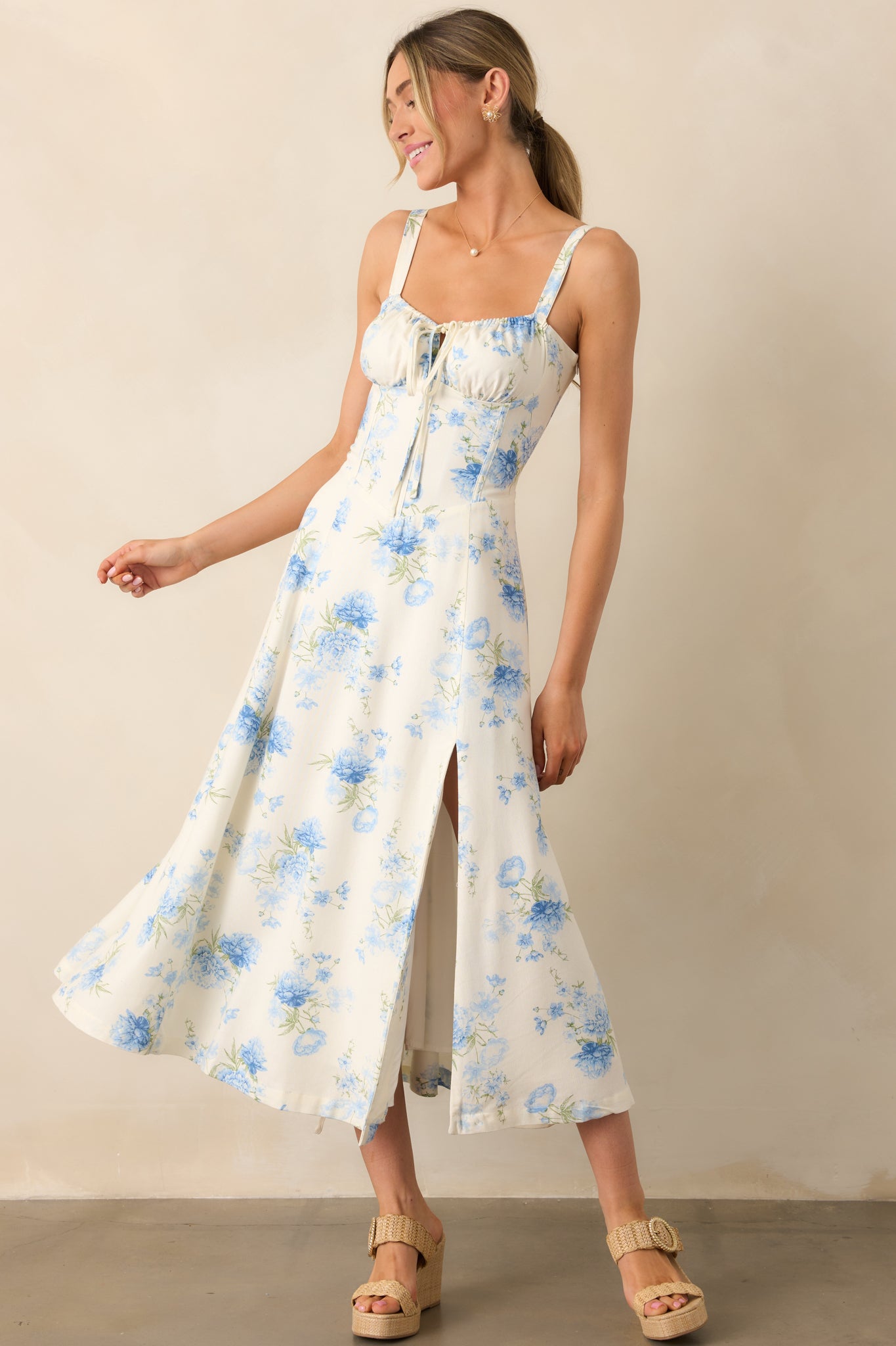 The Josephine Blue Floral Corset Maxi Dress