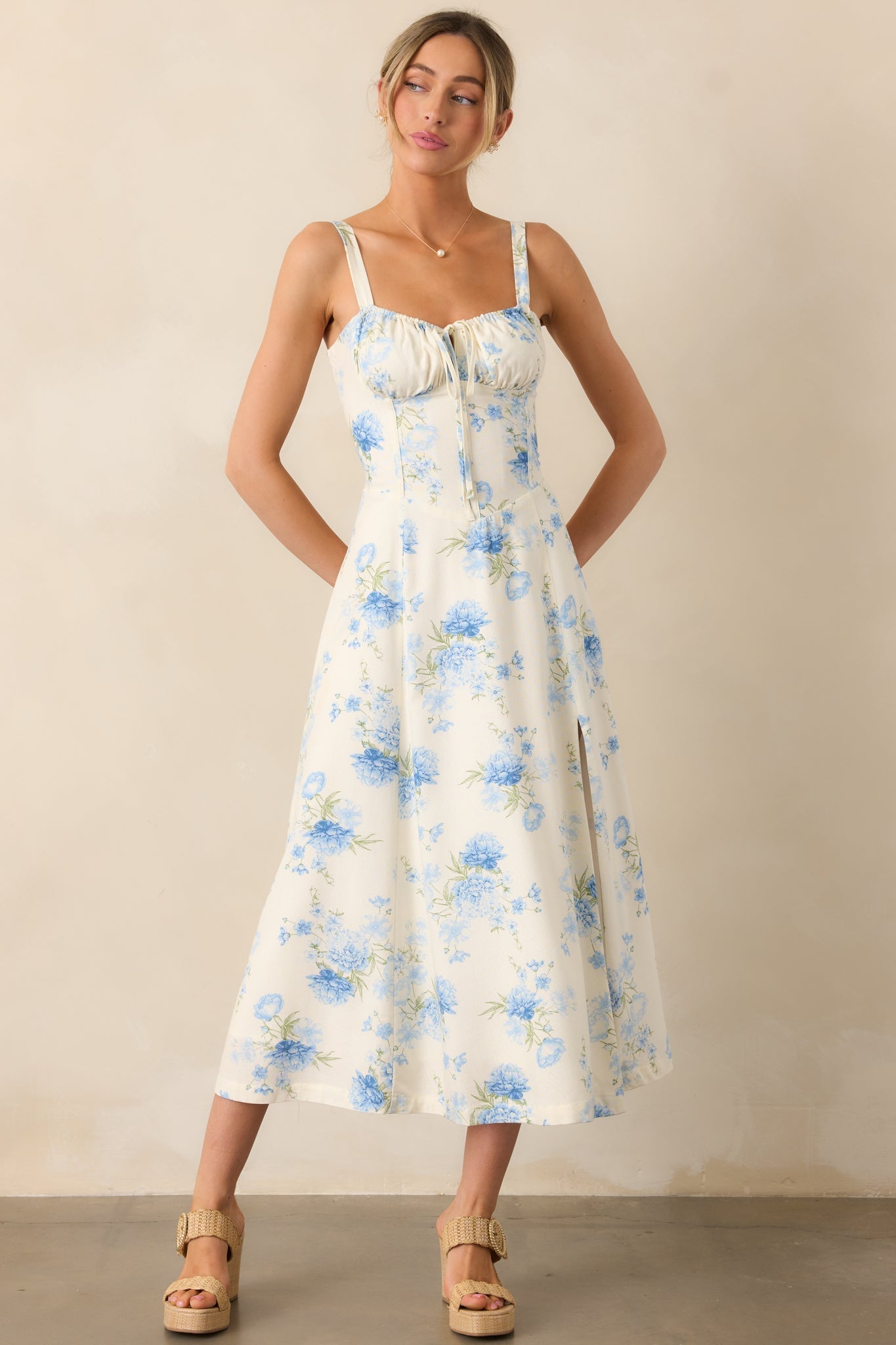 The Josephine Blue Floral Corset Maxi Dress