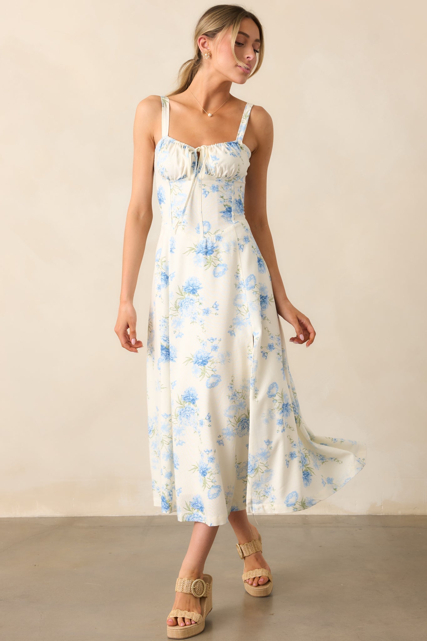 The Josephine Blue Floral Corset Maxi Dress