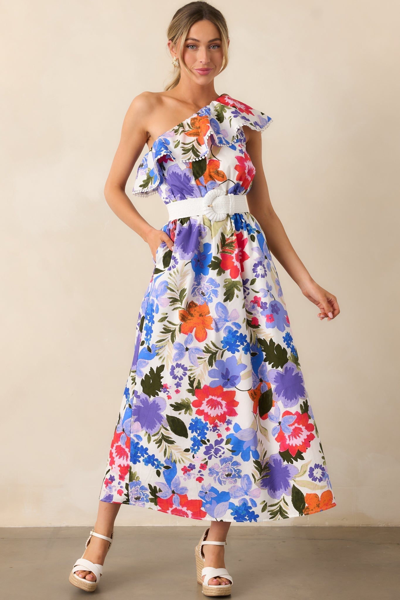 So Magnetic Blue Floral Cotton One Shoulder Maxi Dress