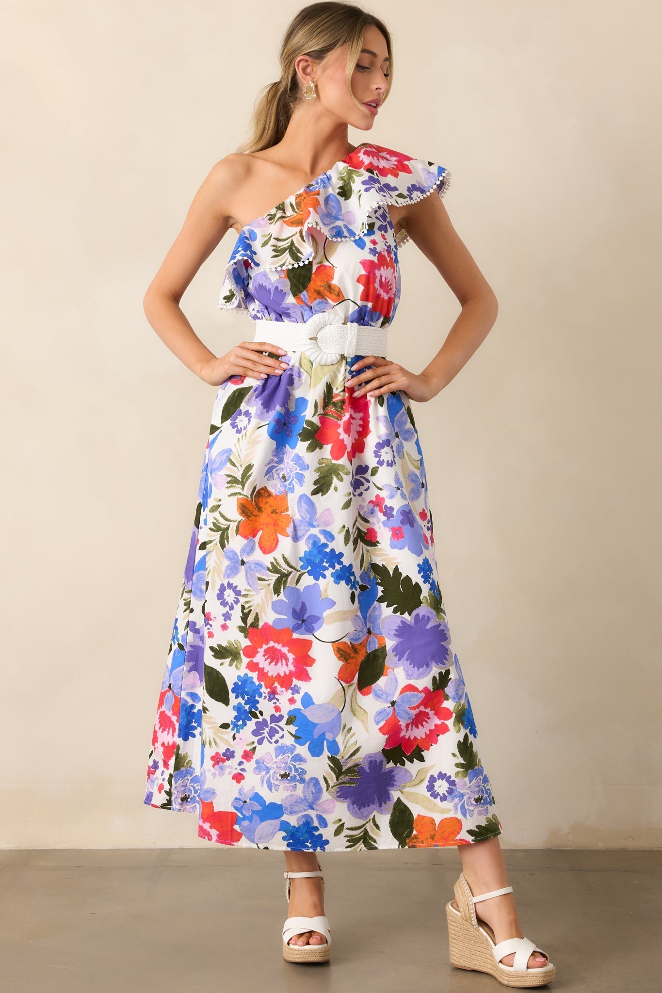 So Magnetic Blue Floral Cotton One Shoulder Maxi Dress
