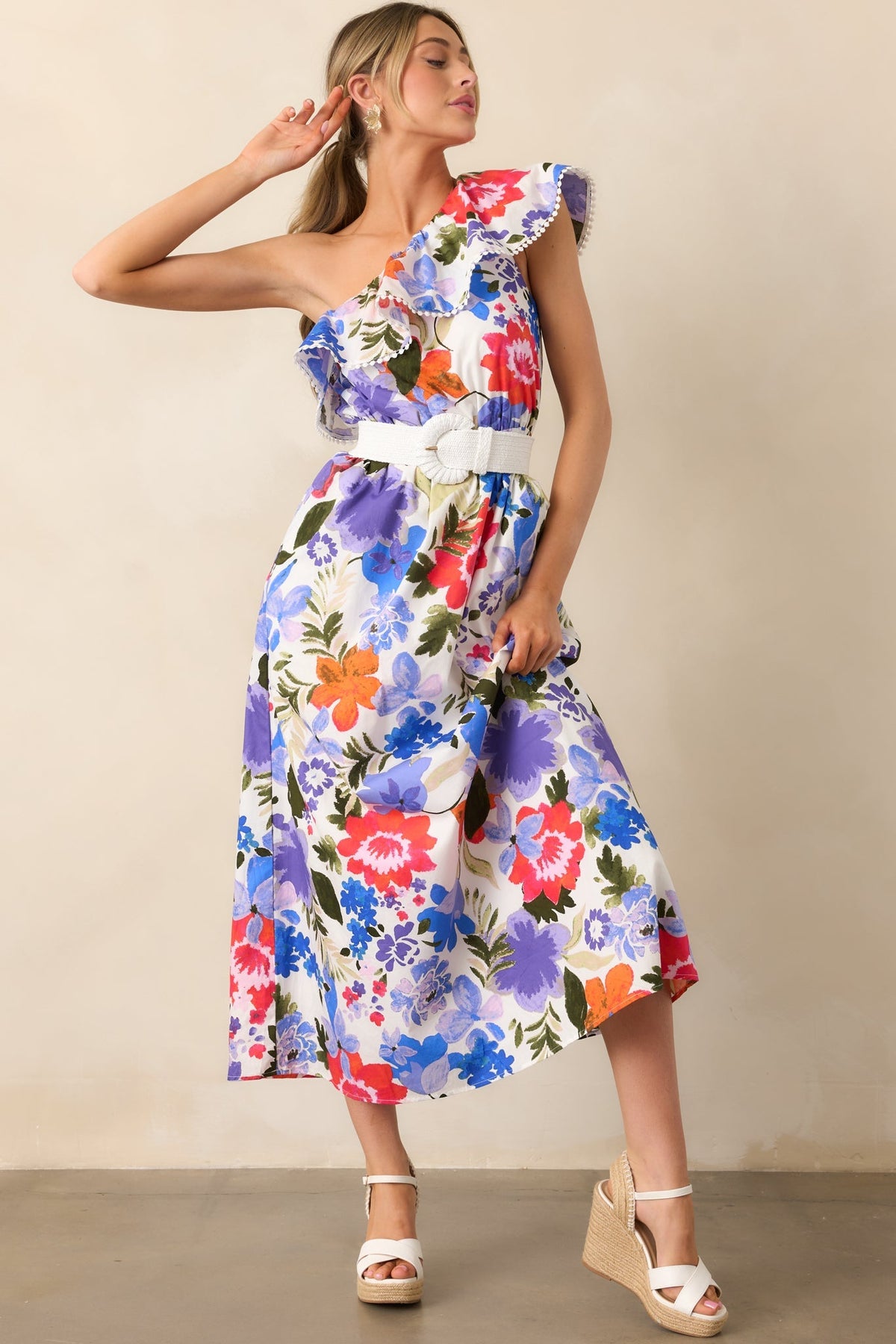 So Magnetic Blue Floral Cotton One Shoulder Maxi Dress