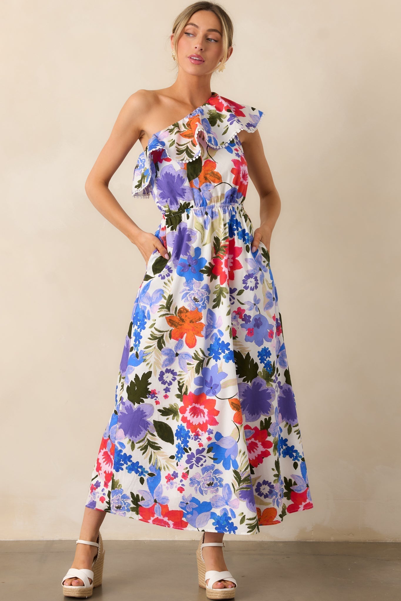 So Magnetic Blue Floral Cotton One Shoulder Maxi Dress