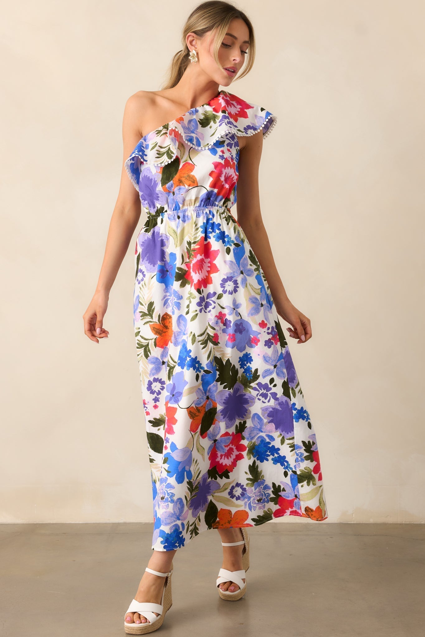 So Magnetic Blue Floral Cotton One Shoulder Maxi Dress