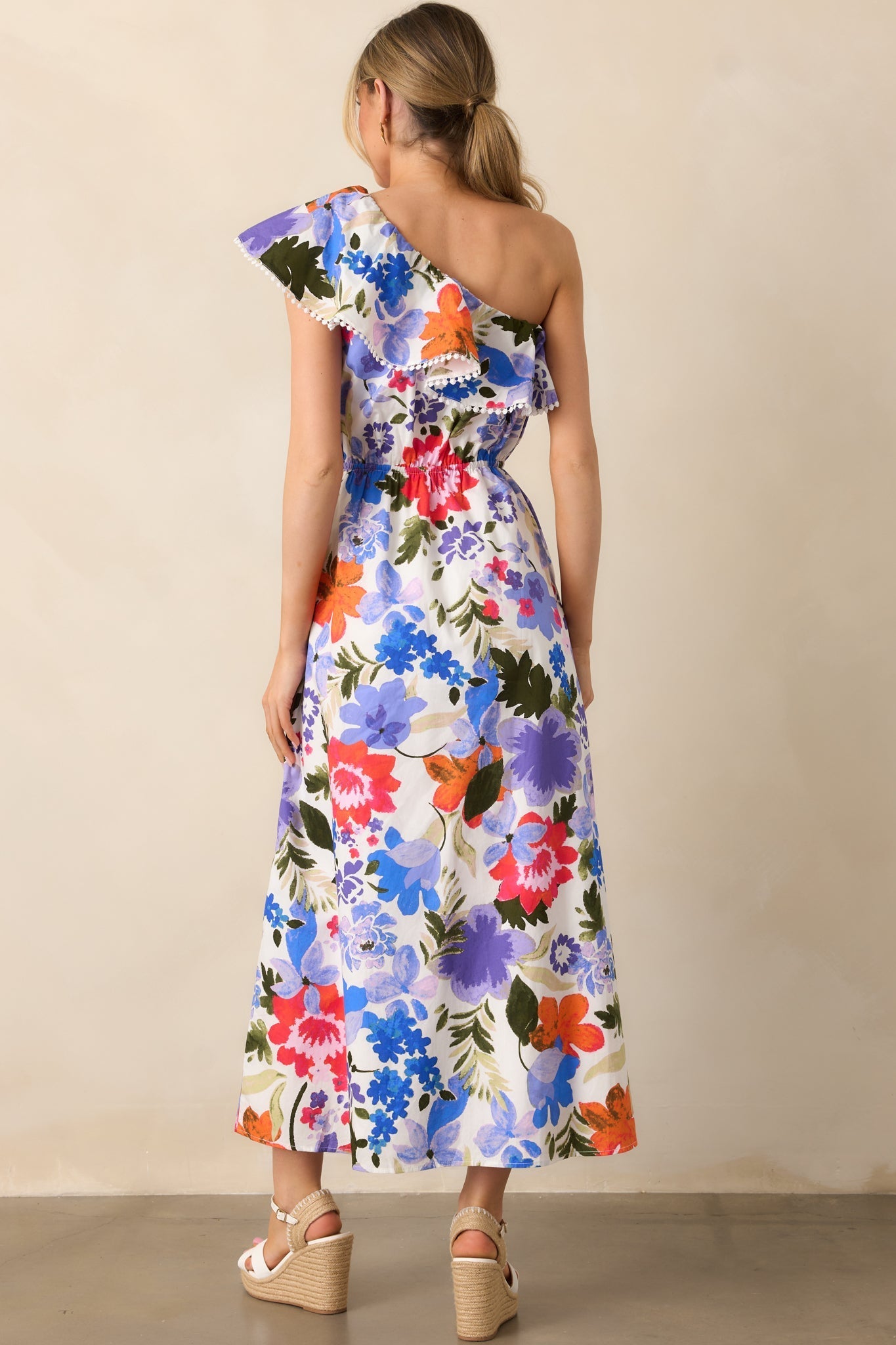 So Magnetic Blue Floral Cotton One Shoulder Maxi Dress
