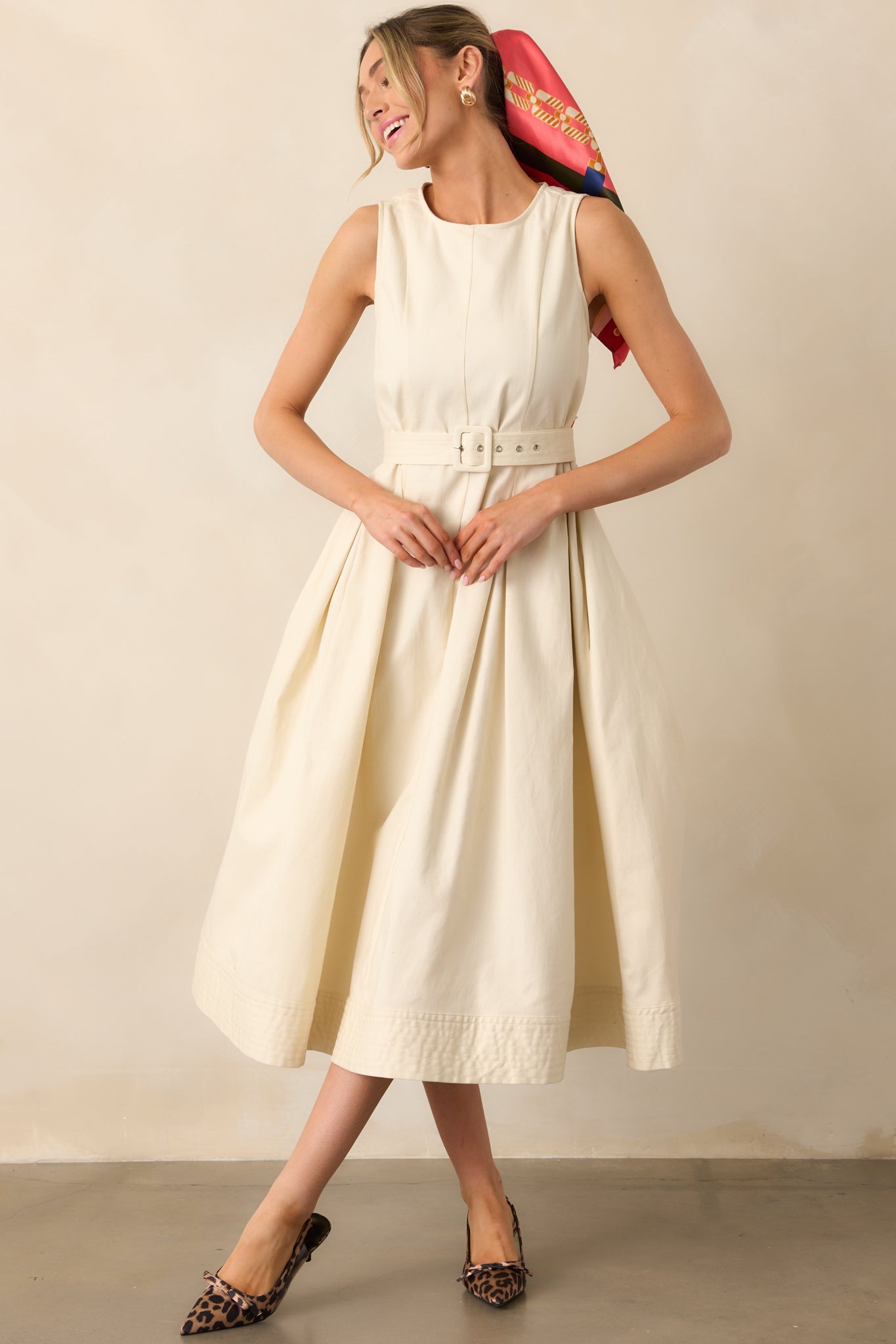 Young At Heart Ecru Belted Sleeveless Maxi Dress