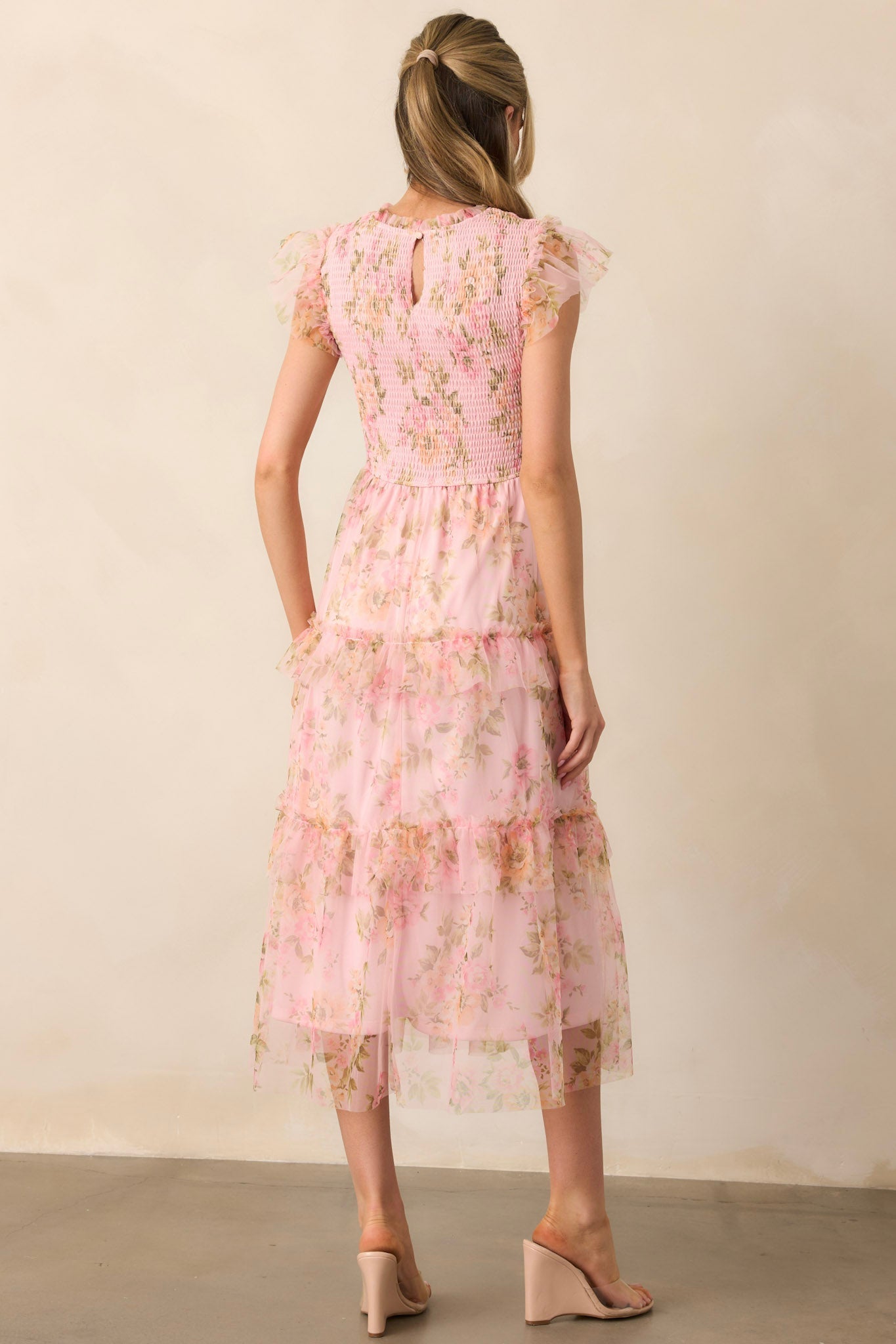 Sunrise Soiree Pink Floral Flutter Sleeve Midi Dress