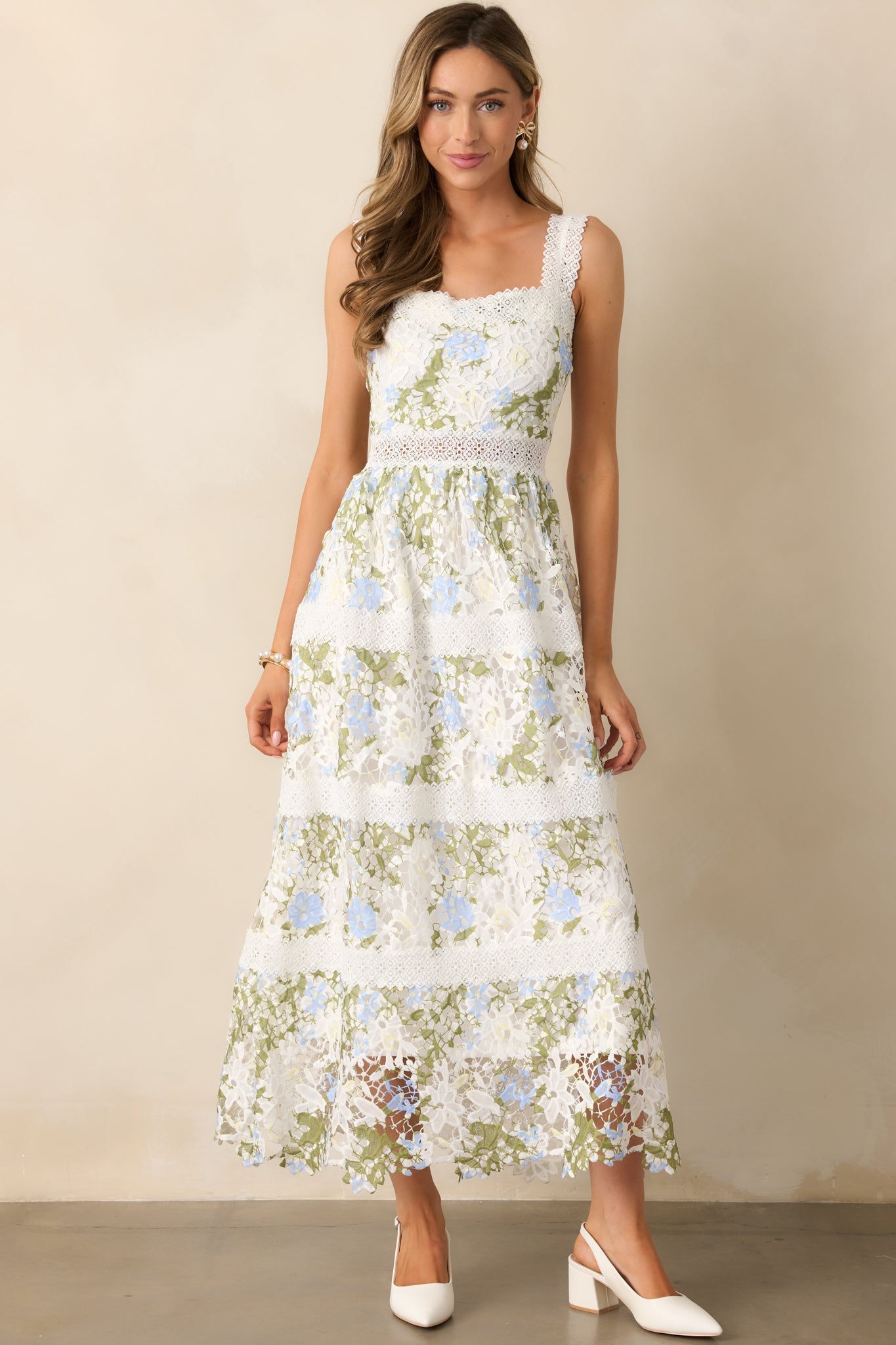 Spring Romance Ivory Floral Embroidered Maxi Dress