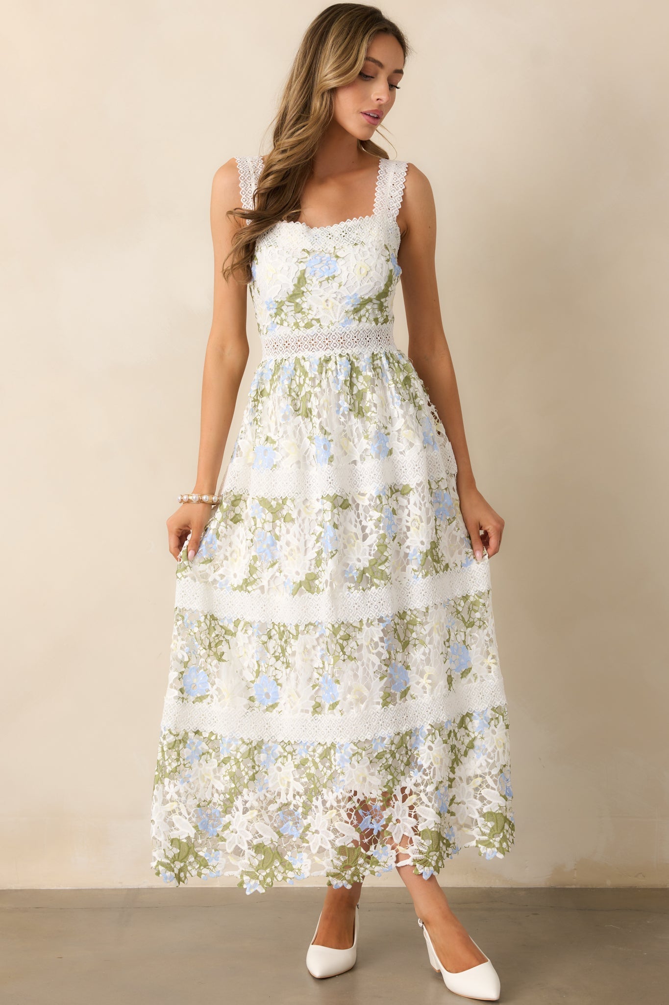 Spring Romance Ivory Floral Embroidered Maxi Dress