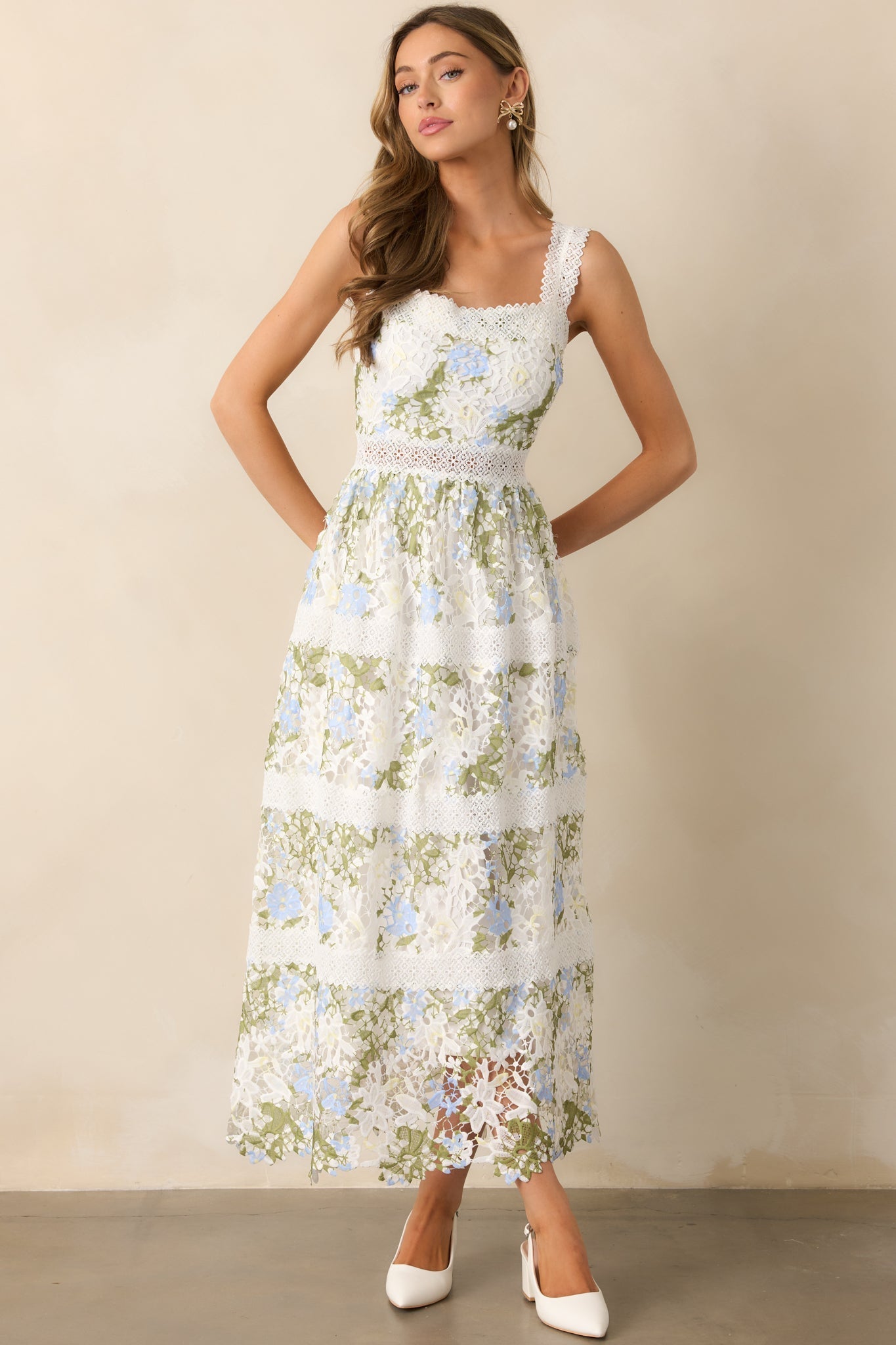 Spring Romance Ivory Floral Embroidered Maxi Dress