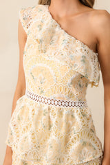 Vineyard Stroll Yellow Floral Embroidered One Shoulder Maxi Dress