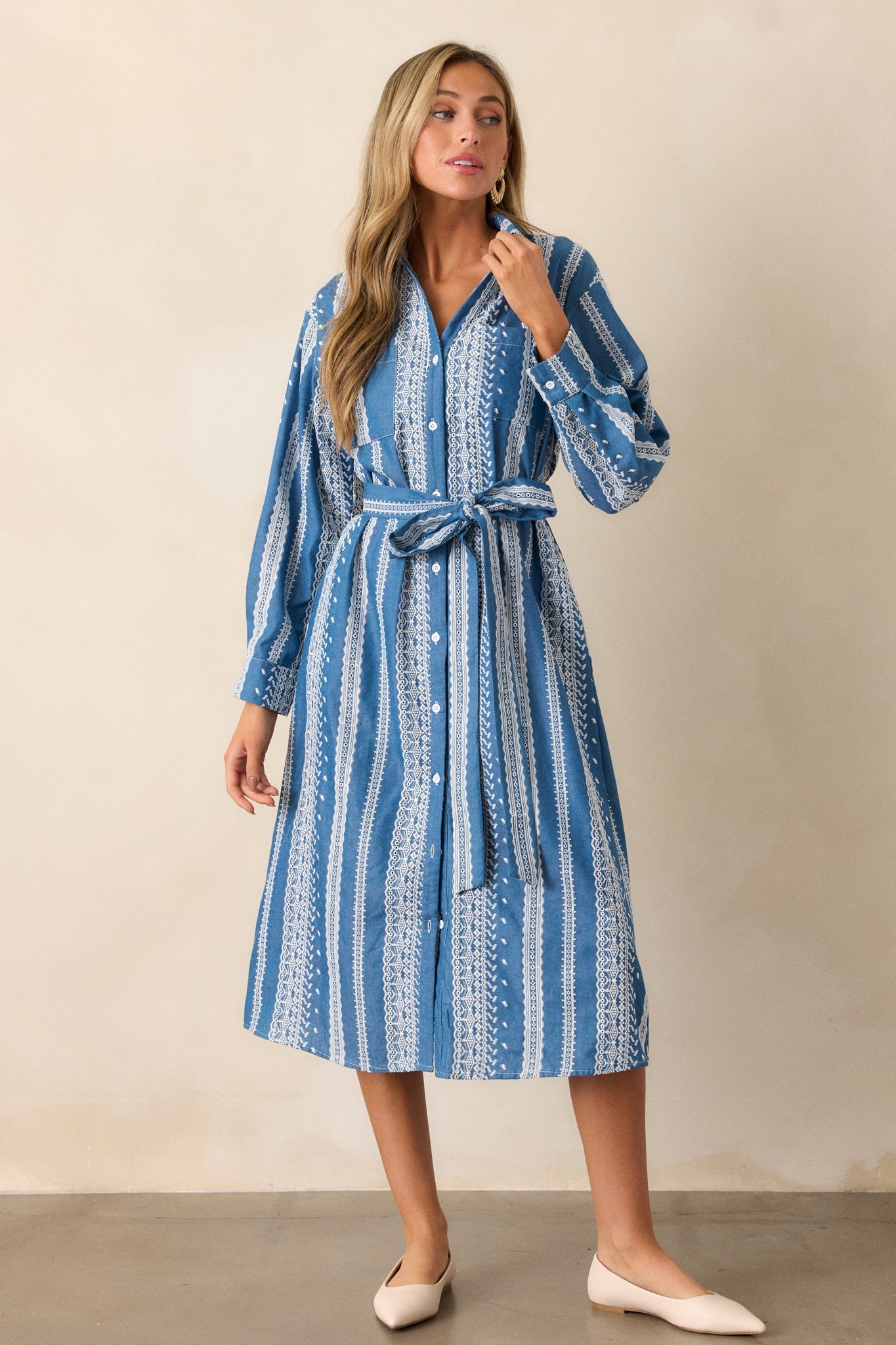Songs of the Sky Blue Embroidered Midi Shirt Dress