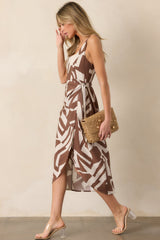 Anything But Ordinary Brown Geometric Print Wrap Midi Dress