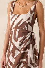 Anything But Ordinary Brown Geometric Print Wrap Midi Dress