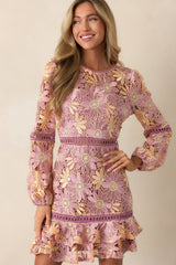 Let's Go Places Mauve Floral Embroidered Mini Dress