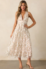 Celebrate With Me Champagne Embroidered Midi Dress