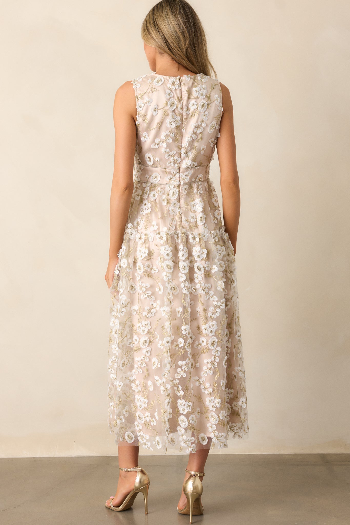 Celebrate With Me Champagne Embroidered Midi Dress