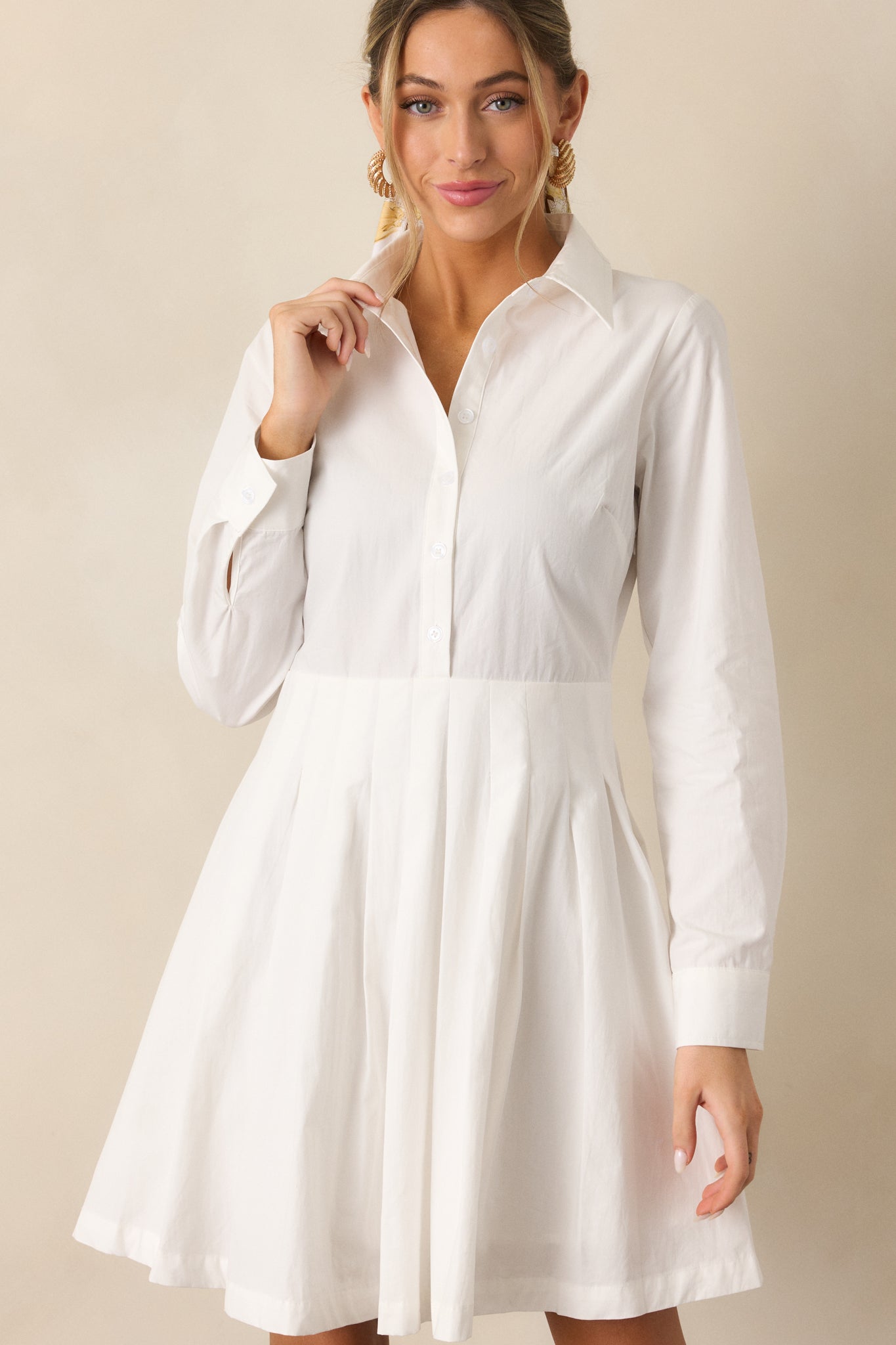 Easy On Me Cotton White Long Sleeve Mini Shirt Dress