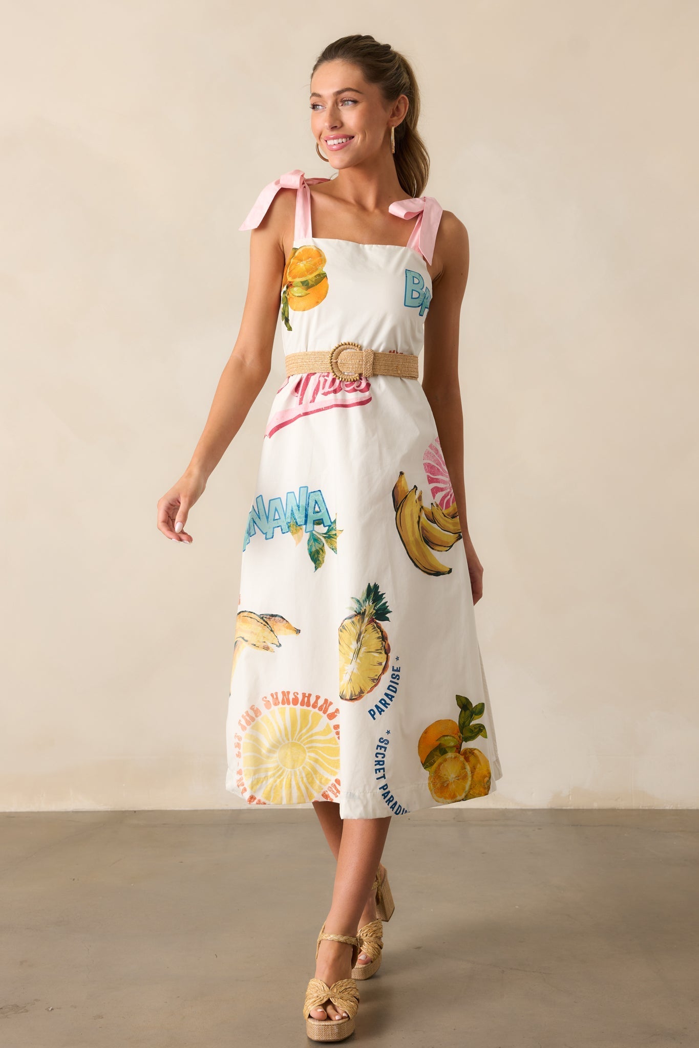 Take A Chance Cotton Ivory Tropical Fruit Print Midi Dress