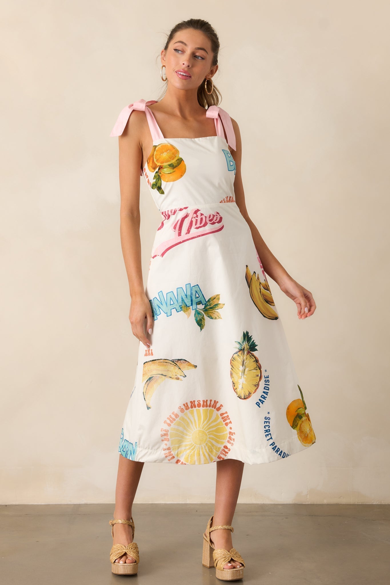 Take A Chance Cotton Ivory Tropical Fruit Print Midi Dress