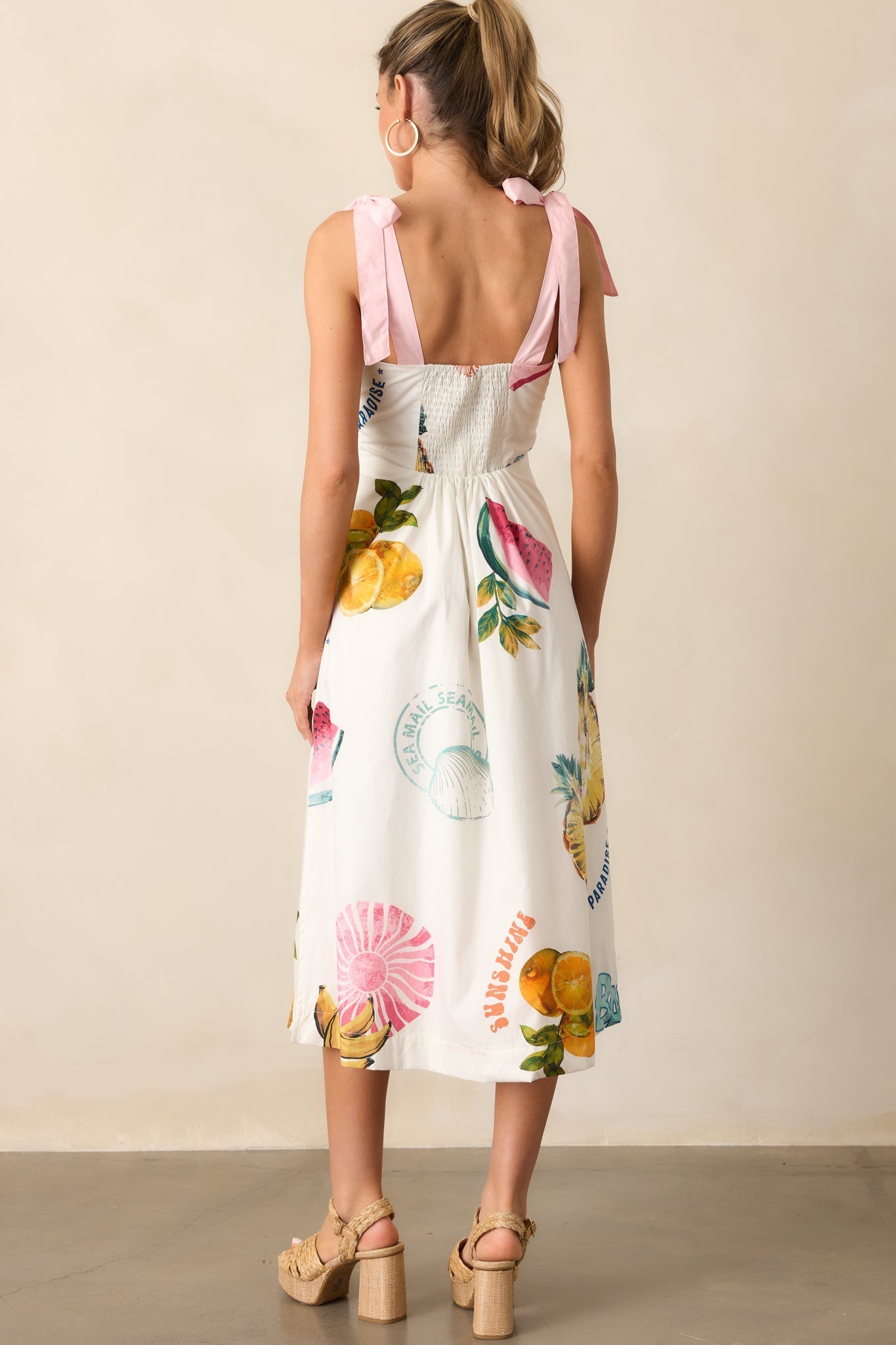 Take A Chance Cotton Ivory Tropical Fruit Print Midi Dress
