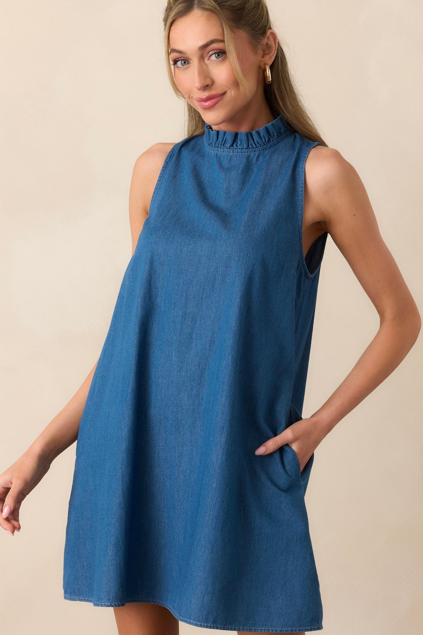 Simple Life Dark Wash Chambray Cotton Mini Dress