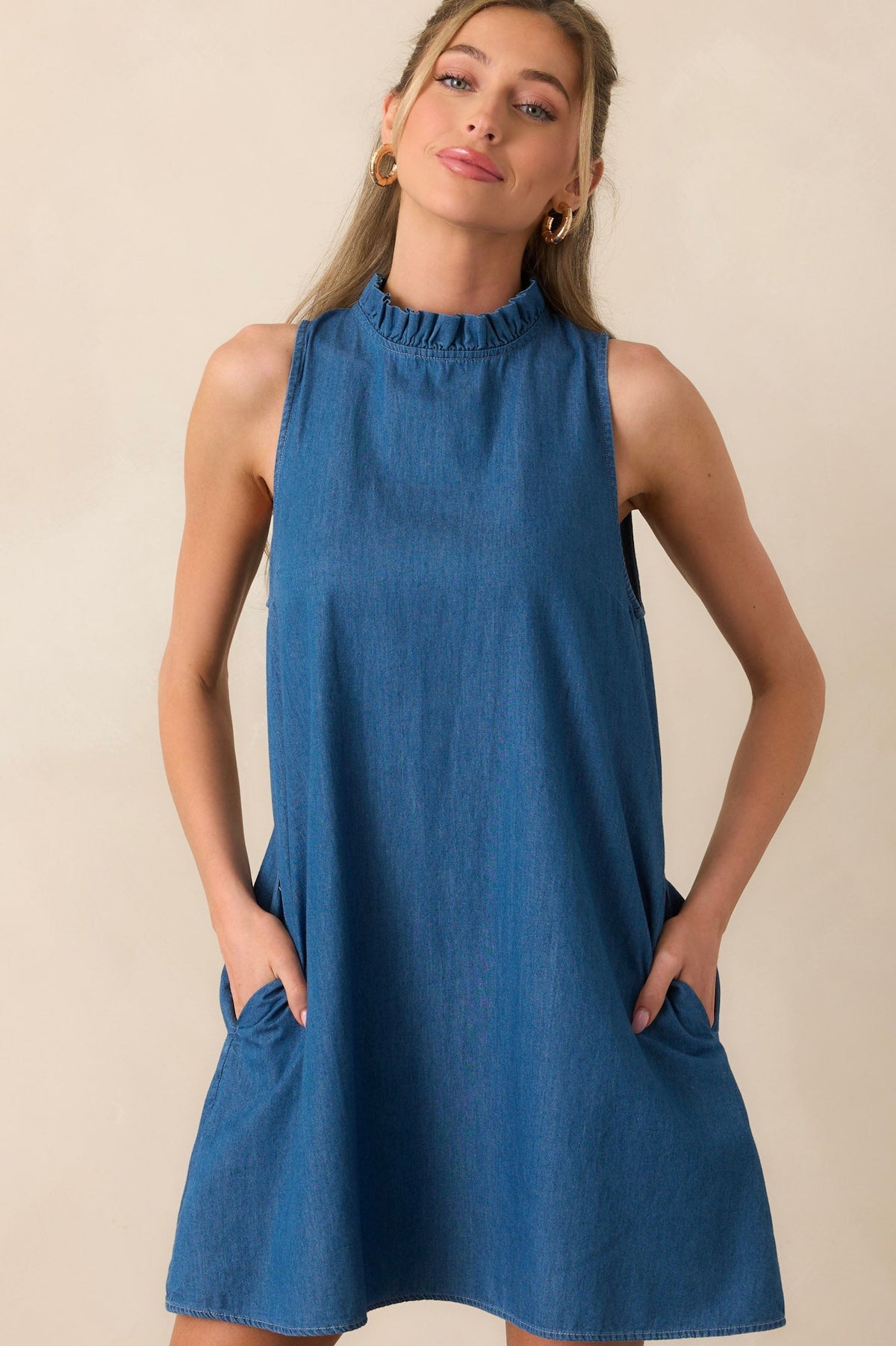 Simple Life Dark Wash Chambray Cotton Mini Dress