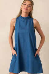 Simple Life Dark Wash Chambray Cotton Mini Dress