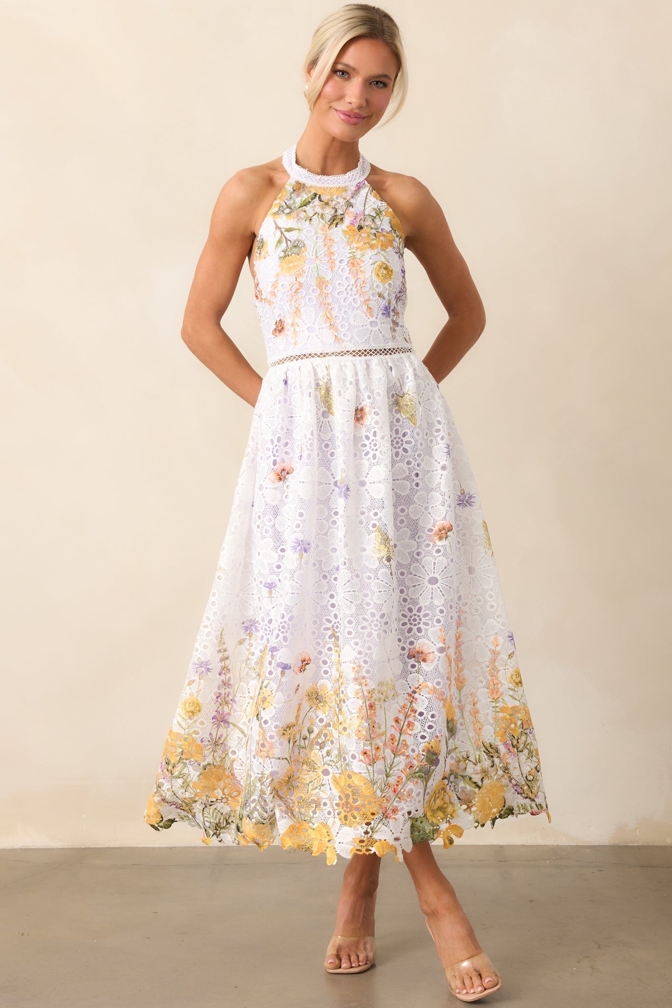 Twirl Me Lavender Floral Embroidered Halter Midi Dress