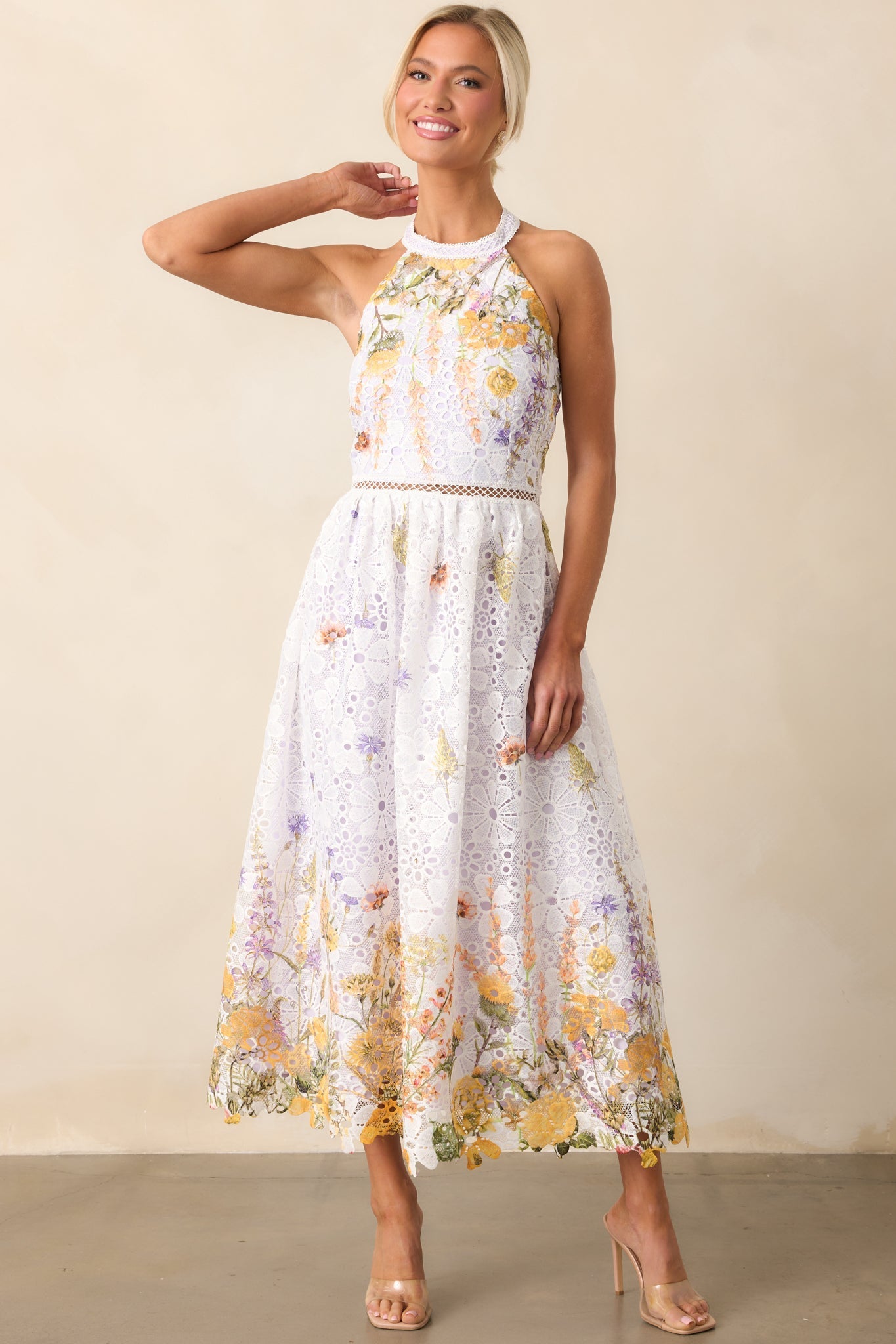 Twirl Me Lavender Floral Embroidered Halter Midi Dress