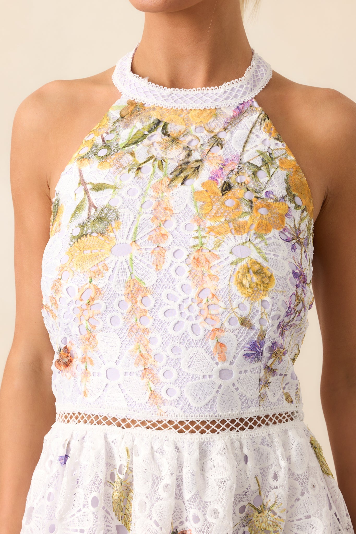 Twirl Me Lavender Floral Embroidered Halter Midi Dress