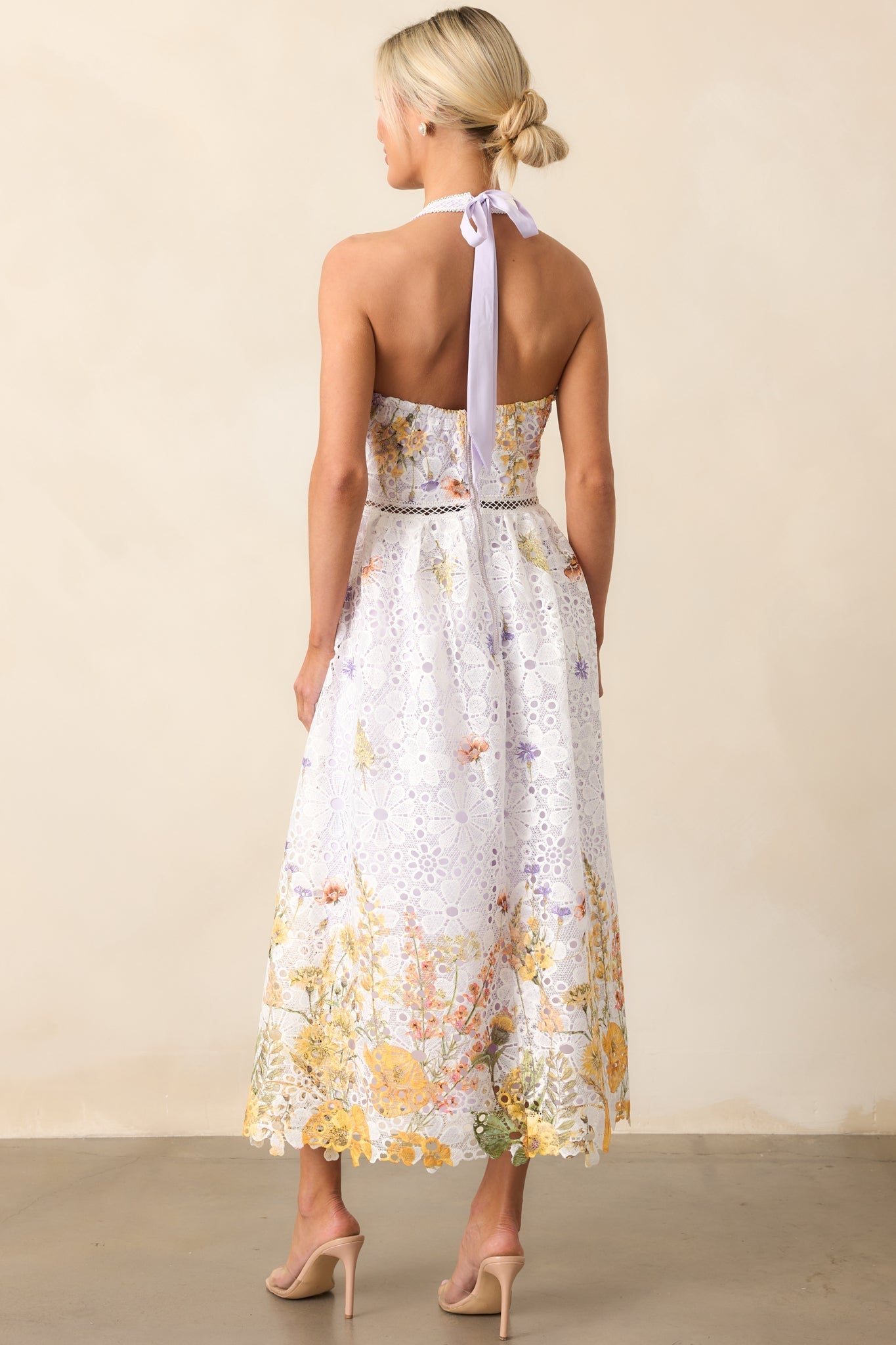 Twirl Me Lavender Floral Embroidered Halter Midi Dress