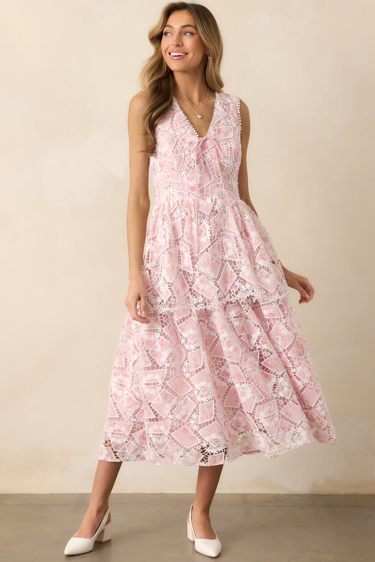 Something Nice Light Pink Floral Embroidered Midi Dress