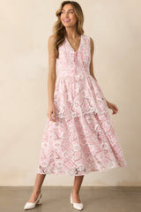 Something Nice Light Pink Floral Embroidered Midi Dress