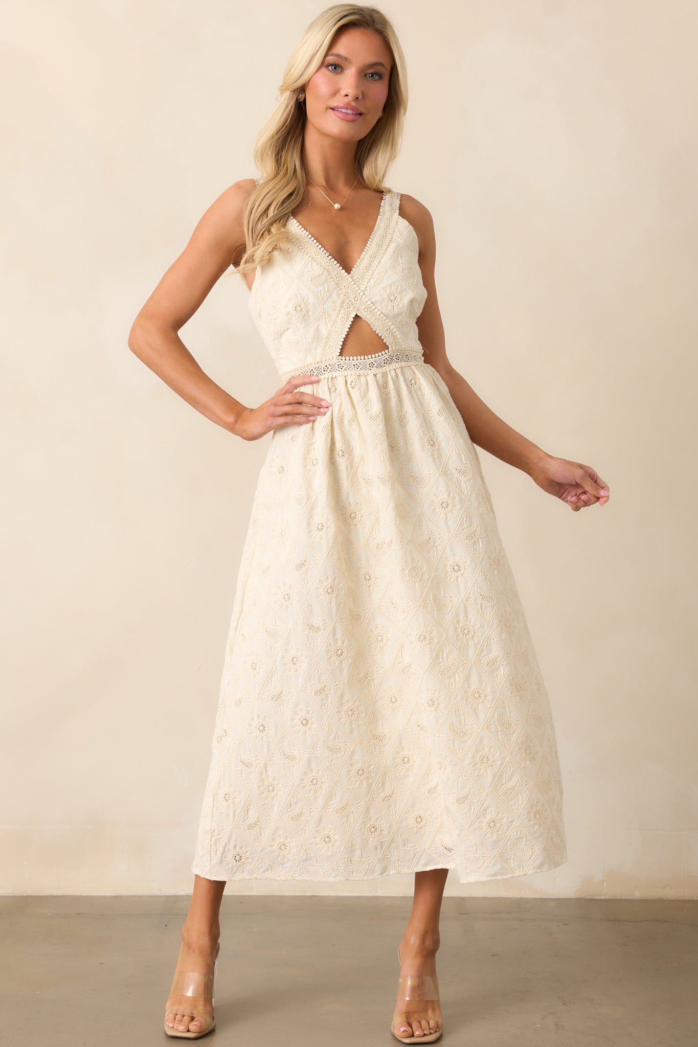 A Touch Of Grace Ivory Embroidered Cutout Midi Dress