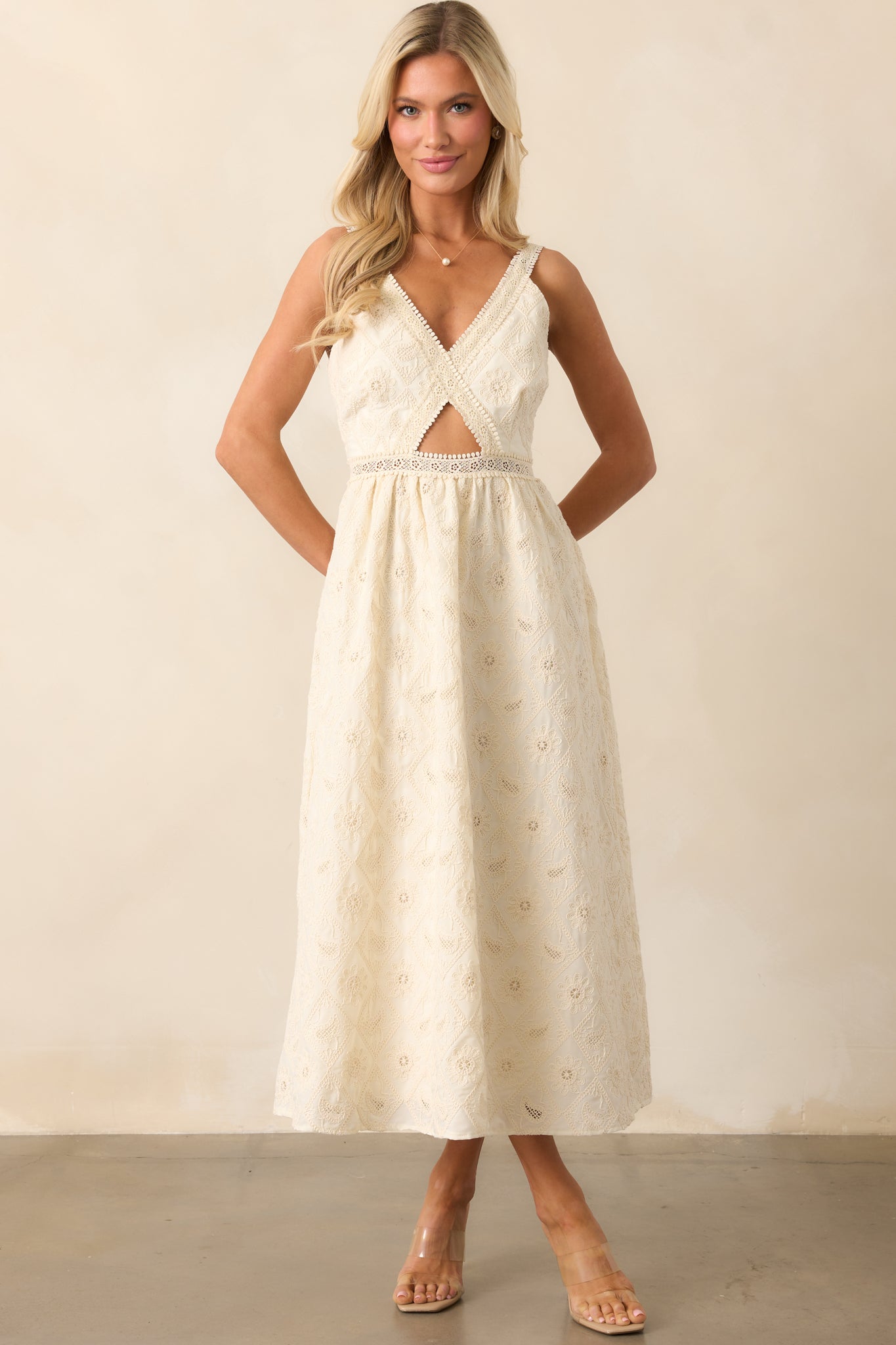 A Touch Of Grace Ivory Embroidered Cutout Midi Dress