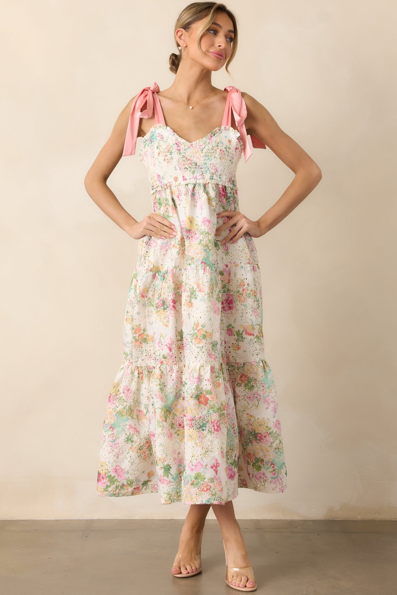 Invite Only Light Pink Multi Floral Embroidered Eyelet Midi Dress