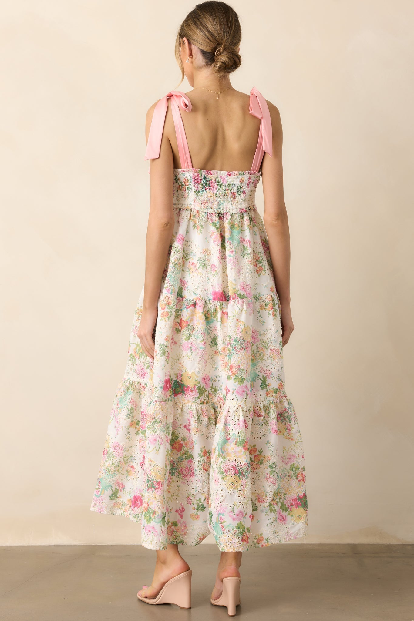 Invite Only Light Pink Multi Floral Embroidered Eyelet Midi Dress