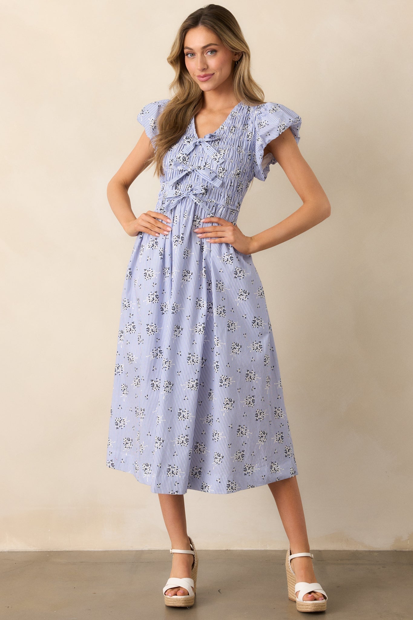 On A Good Note Blue Stripe Floral Cotton Midi Dress