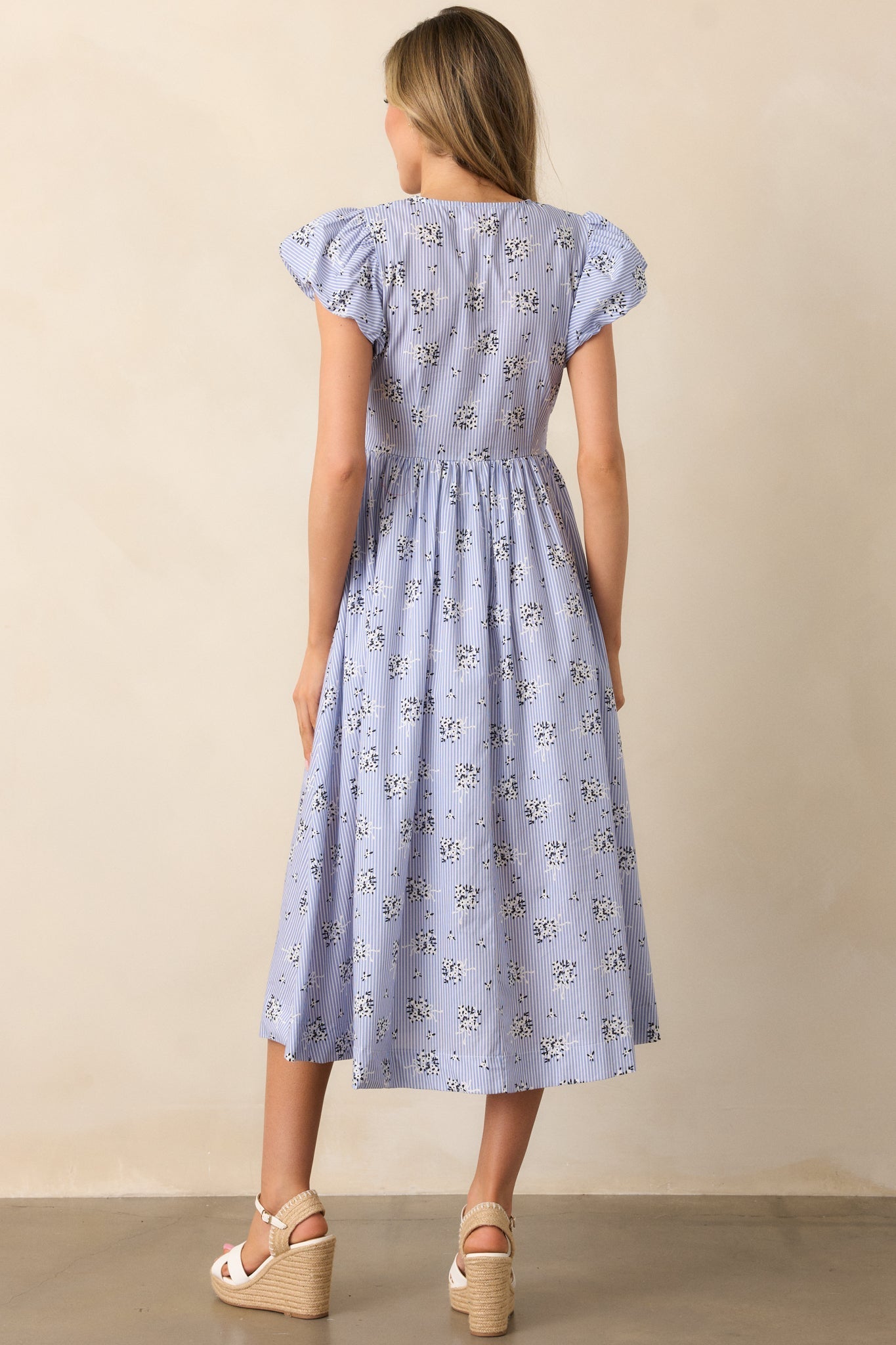 On A Good Note Blue Stripe Floral Cotton Midi Dress