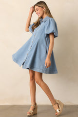 More Or Less Light Wash Cotton Denim Puff Sleeve Mini Dress