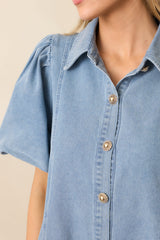 More Or Less Light Wash Cotton Denim Puff Sleeve Mini Dress