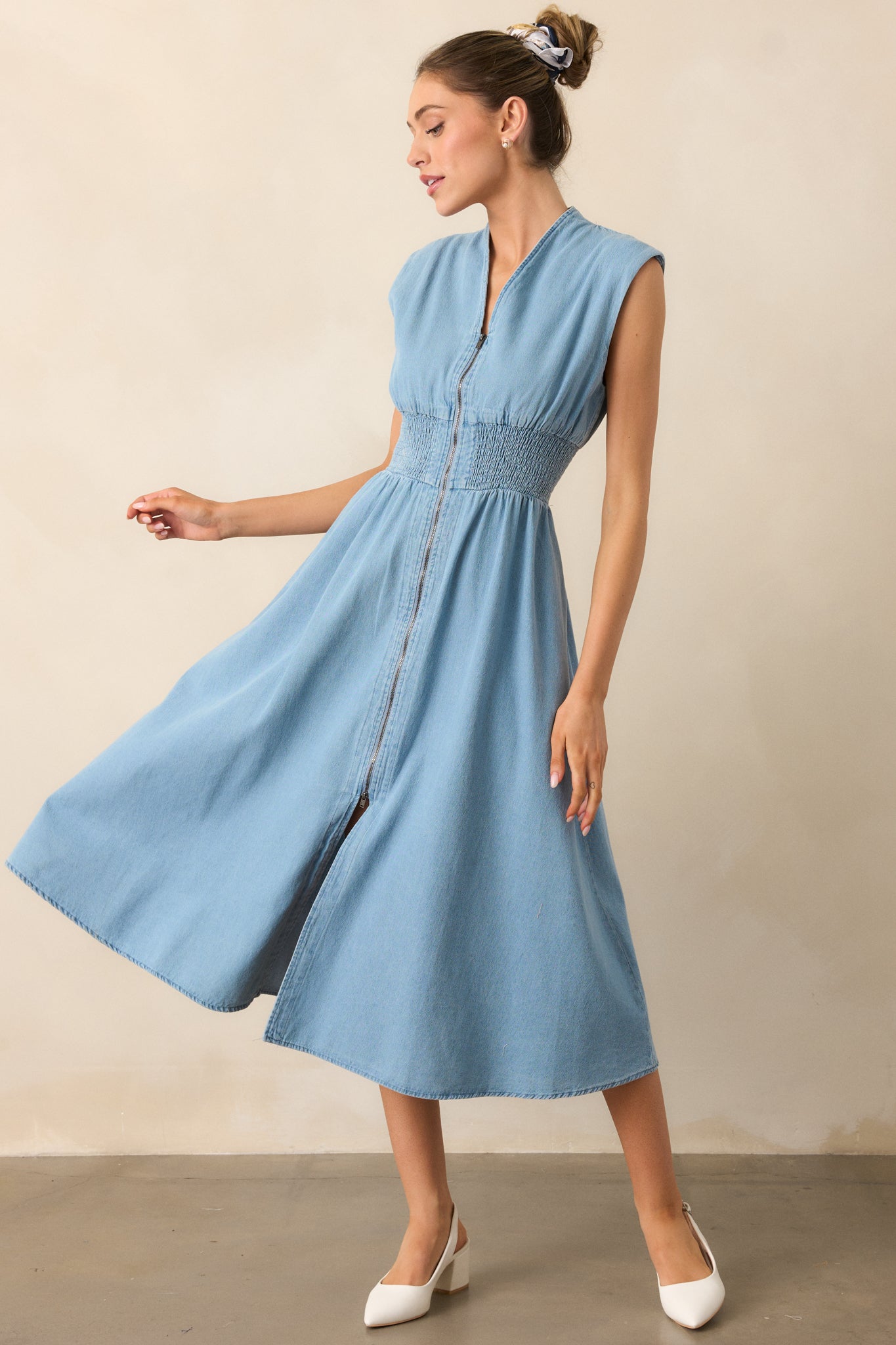 The Evette Light Wash Denim Zip Front Midi Dress
