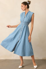 The Evette Light Wash Denim Zip Front Midi Dress