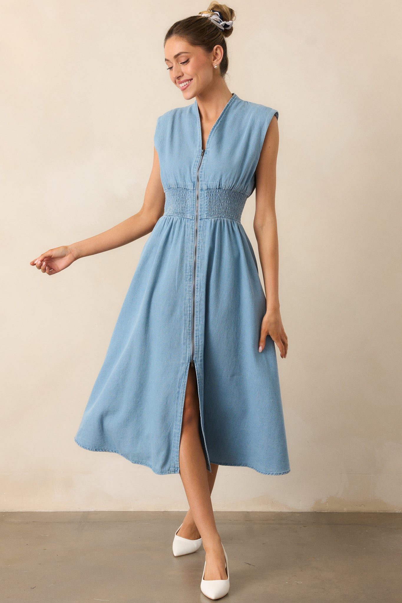 The Evette Light Wash Denim Zip Front Midi Dress