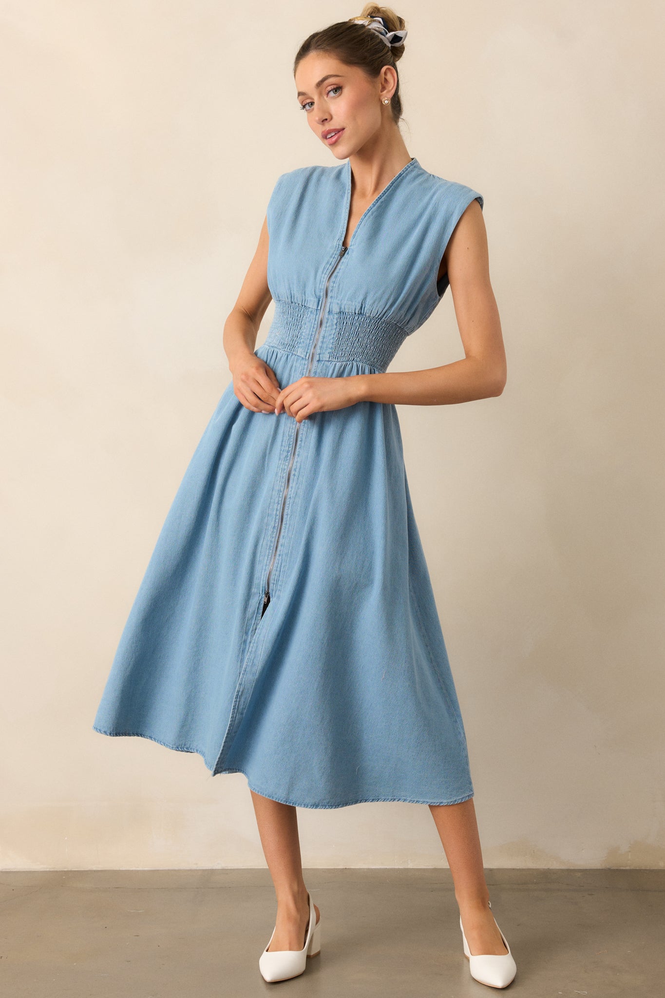 The Evette Light Wash Denim Zip Front Midi Dress