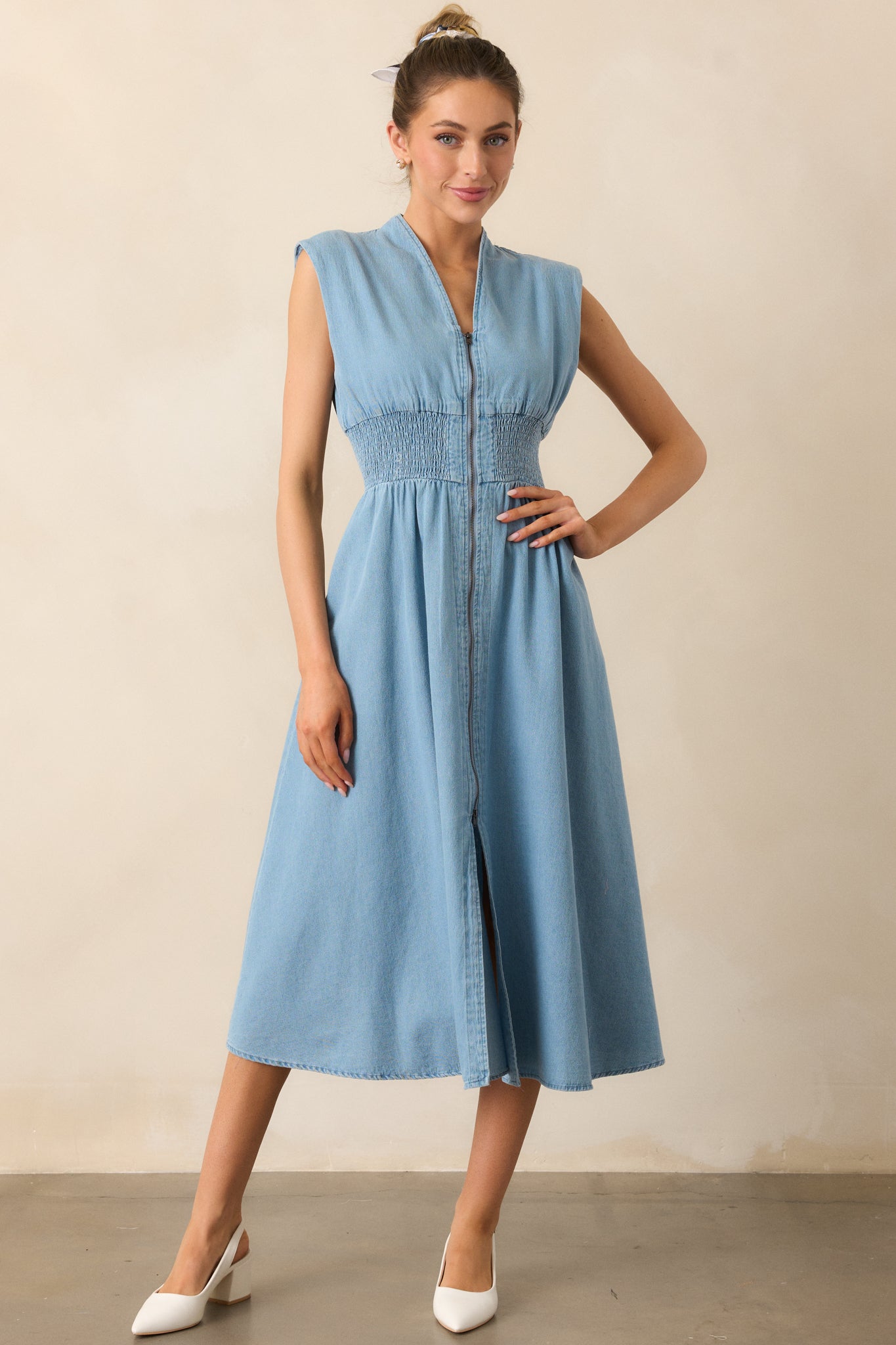 The Evette Light Wash Denim Zip Front Midi Dress
